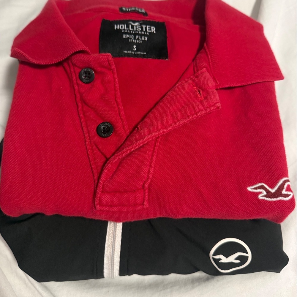 Hollister Mens Bundle Red Epic Flex Stretch Polo S & Black Hooded‎ Jacket XS